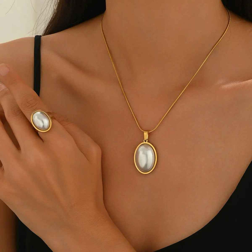 Lxalry Golden Jewelry Set - Elegant Necklace & Ring Combo With Oval Design, Metal Polished Finish - Mohamed jewelry My Store