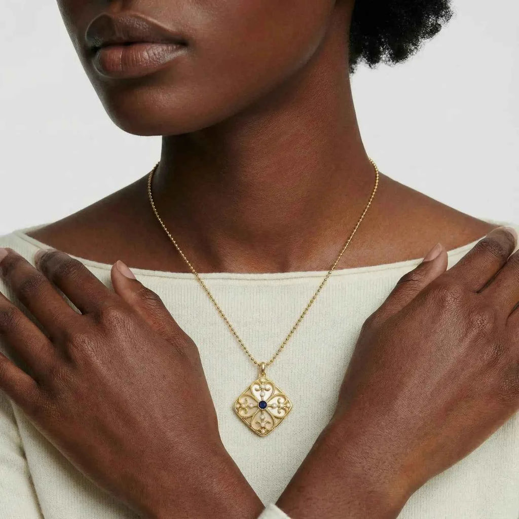Ornate Lapis Lazuli Medallion Pendant in 18K Gold-Plated Brass - Mohamed jewelry My Store