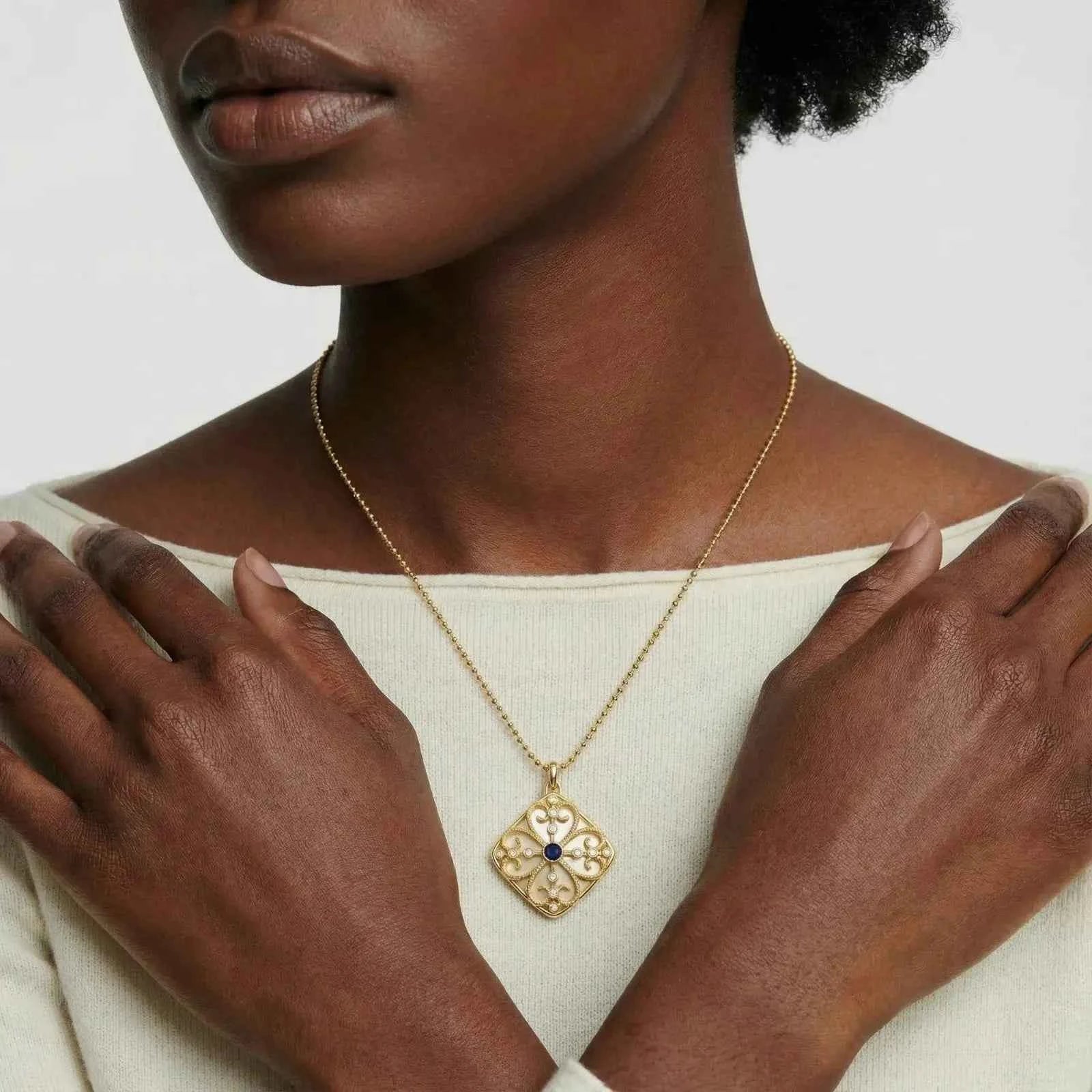 Ornate Lapis Lazuli Medallion Pendant in 18K Gold-Plated Brass - Mohamed jewelry My Store