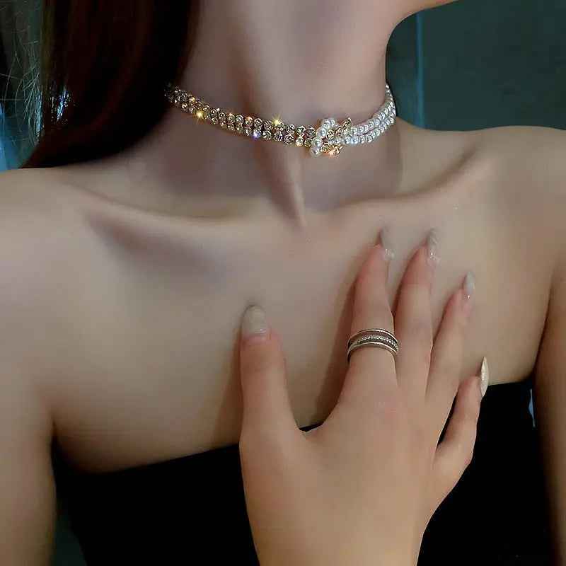 Pearl Crystal Choker Necklaces For Women Short Chain Rhinestone Necklaces Statement Jewelry - Mohamed jewelry My Store