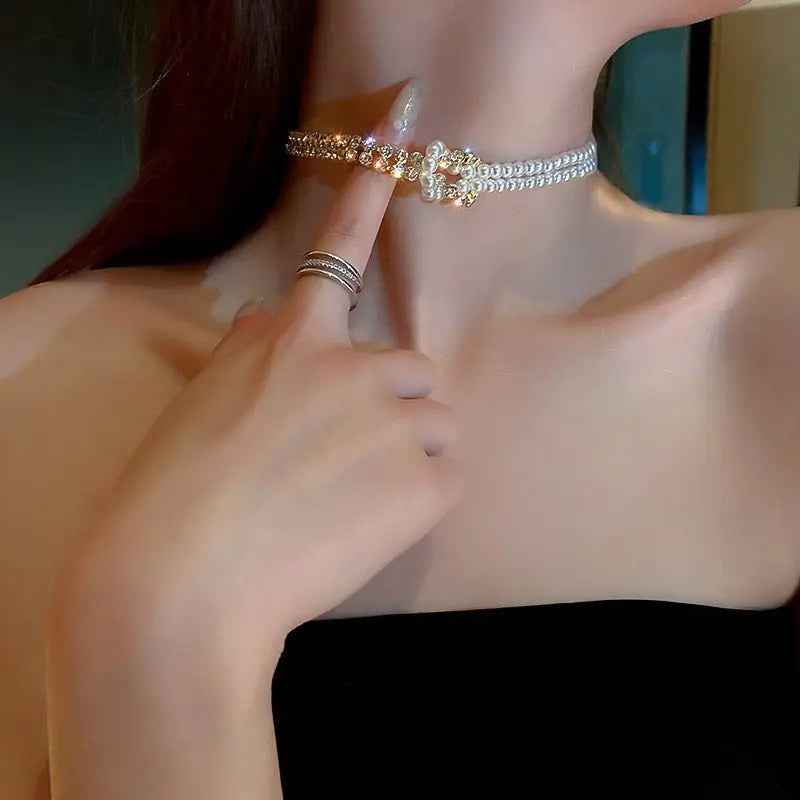 Pearl Crystal Choker Necklaces For Women Short Chain Rhinestone Necklaces Statement Jewelry - Mohamed jewelry My Store
