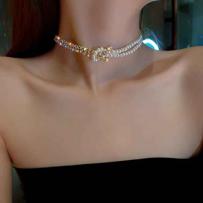 Pearl Crystal Choker Necklaces For Women Short Chain Rhinestone Necklaces Statement Jewelry - Mohamed jewelry My Store