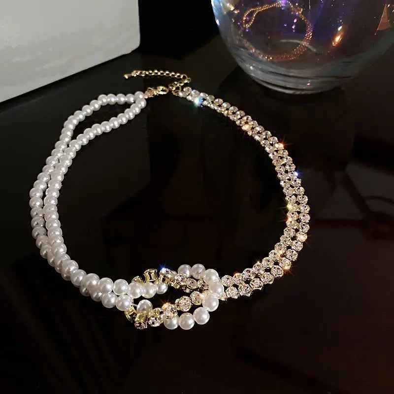 Pearl Crystal Choker Necklaces For Women Short Chain Rhinestone Necklaces Statement Jewelry - Mohamed jewelry My Store