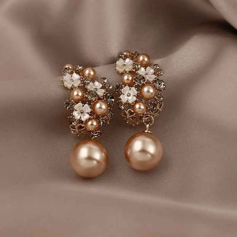 Rhinestones Flowers Pearls Earrings Fashion Elegant French-style Stud Earring For Women - Mohamed jewelry My Store