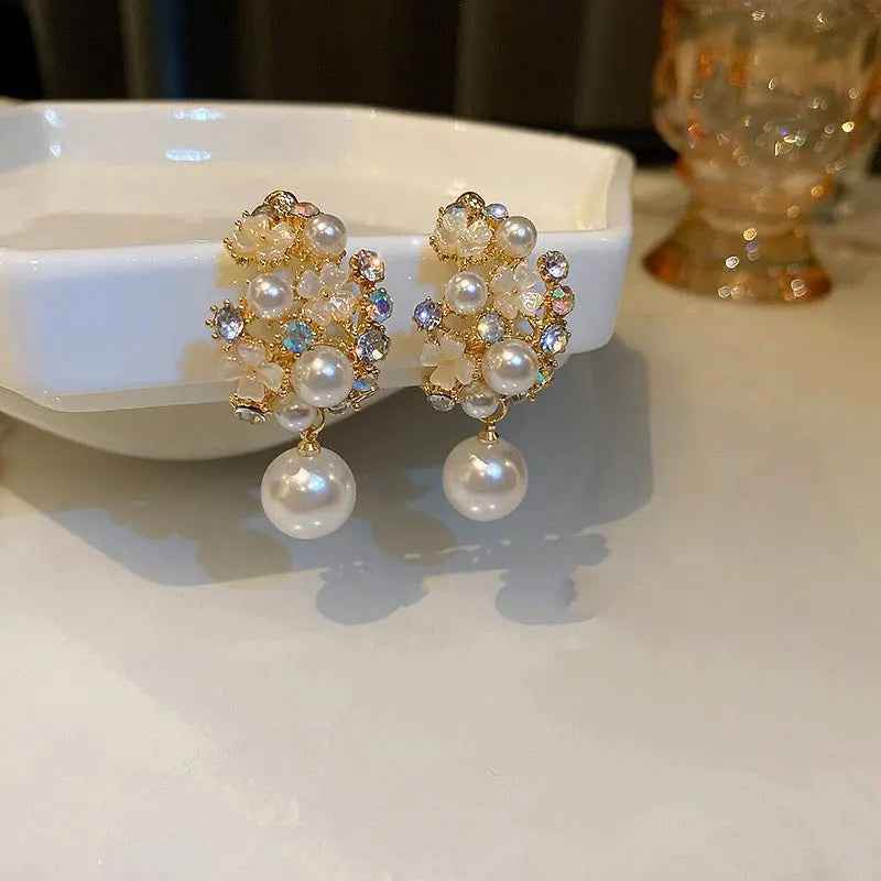 Rhinestones Flowers Pearls Earrings Fashion Elegant French-style Stud Earring For Women - Mohamed jewelry My Store