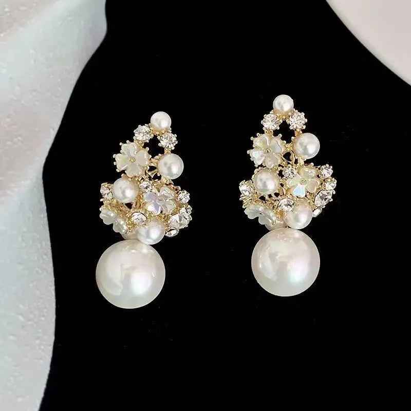 Rhinestones Flowers Pearls Earrings Fashion Elegant French-style Stud Earring For Women - Mohamed jewelry My Store