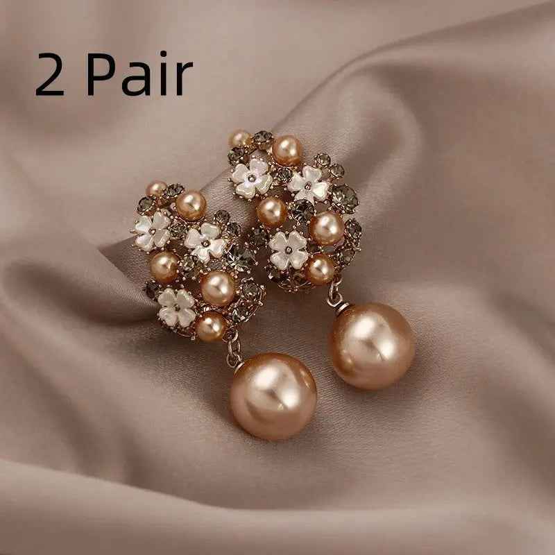 Rhinestones Flowers Pearls Earrings Fashion Elegant French-style Stud Earring For Women - Mohamed jewelry My Store