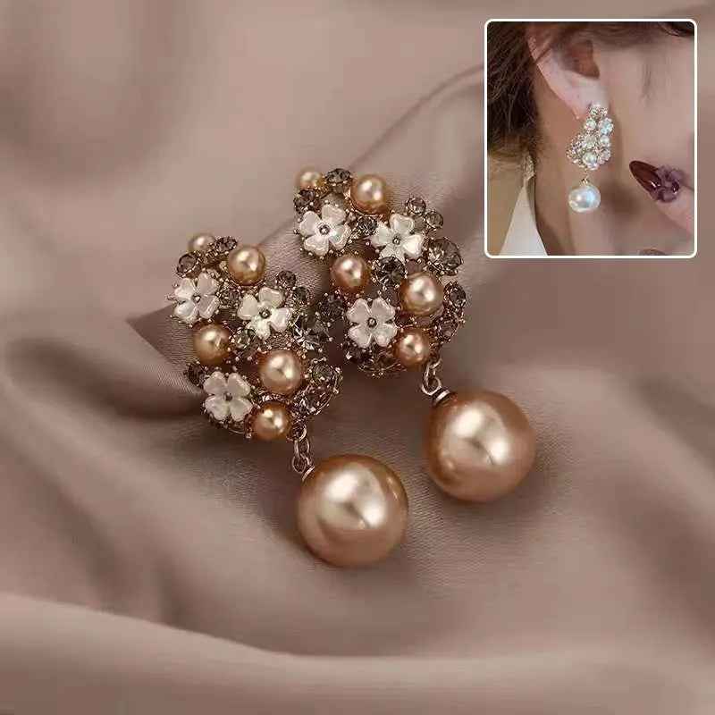 Rhinestones Flowers Pearls Earrings Fashion Elegant French-style Stud Earring For Women - Mohamed jewelry My Store