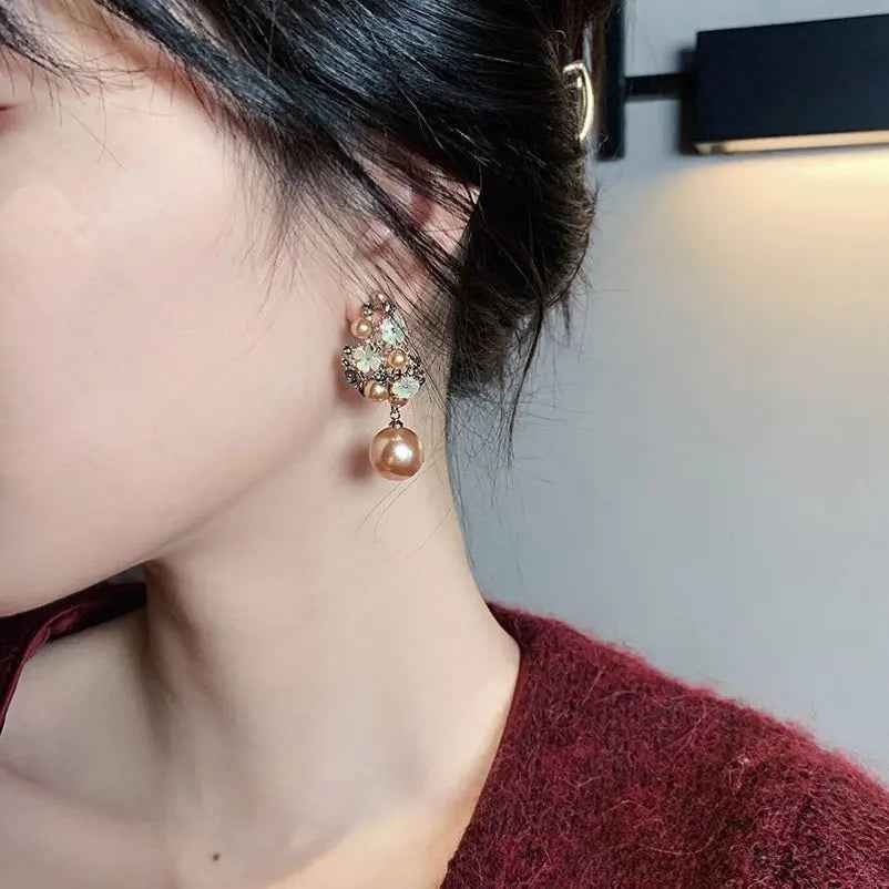 Rhinestones Flowers Pearls Earrings Fashion Elegant French-style Stud Earring For Women - Mohamed jewelry My Store