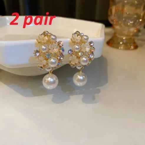 Rhinestones Flowers Pearls Earrings Fashion Elegant French-style Stud Earring For Women - Mohamed jewelry My Store